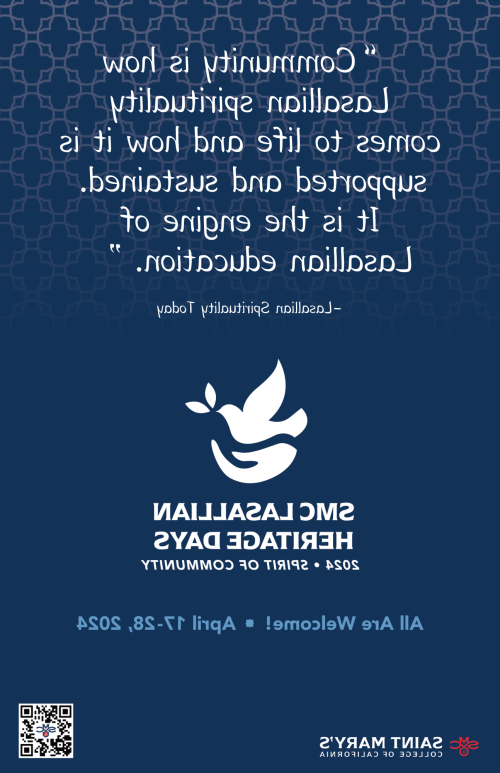 宣布2024年SMC喇沙修士遗产日的蓝色海报，上面有一只手拿着一只嘴里叼着叶子的鸽子